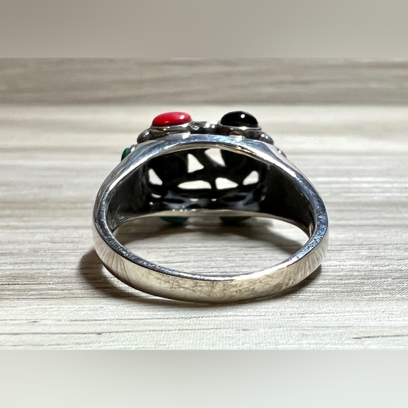 Designer (SE) Sterling Silver Turquoise, Coral, & Onyx Filigree Ring, Size 8, 5g - Picture 4 of 12